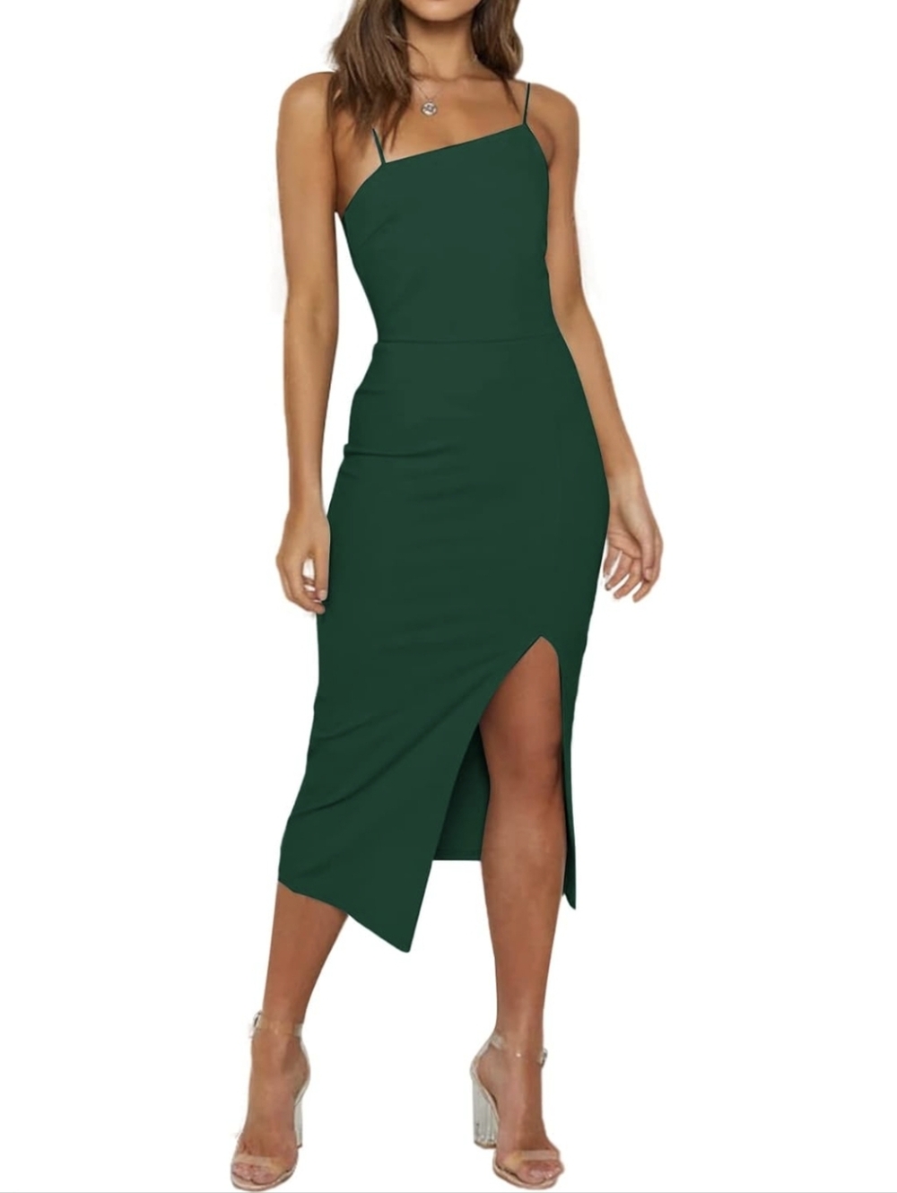 NWT Women Dark Green Spaghetti Strap Front Slit Slit Midi Dress Size Large 10 12